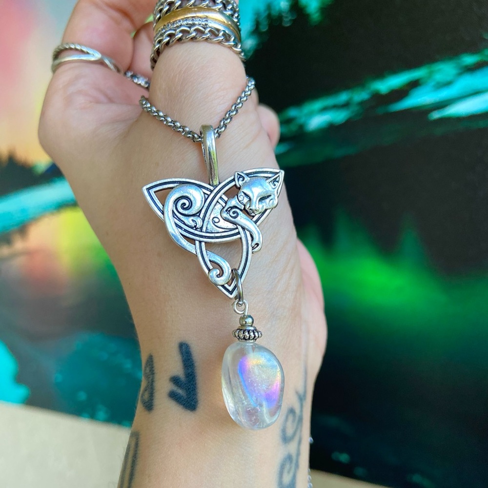 Celtic knot cat fox aura crystal steel necklace